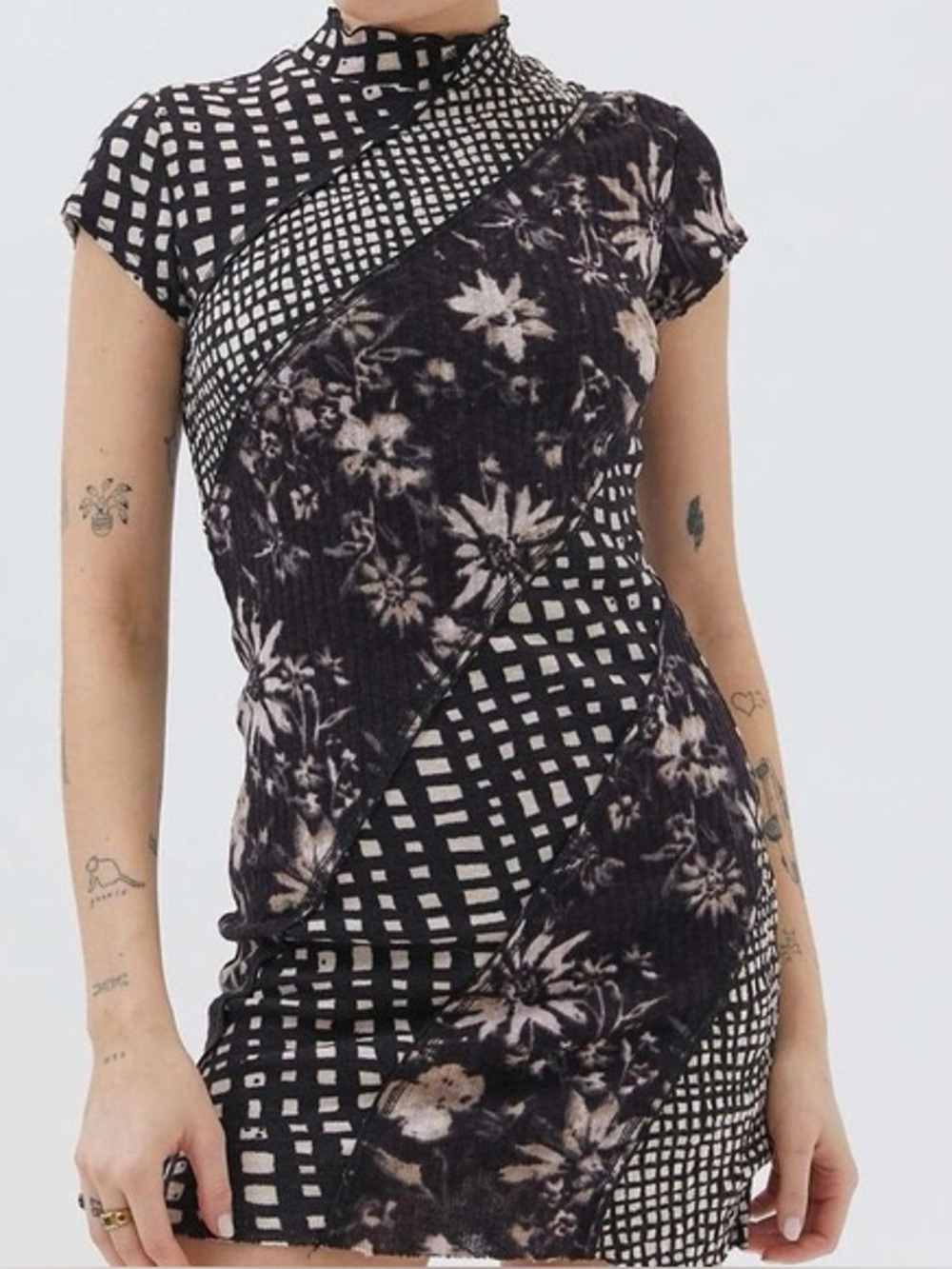 Urban Outfitters Black & Cream Mixed-Print Mini Dress